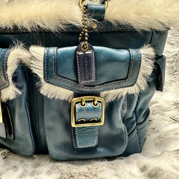 Coach Teal Leather Shoulder Bag with Cream Fur Trim - Picture 2 of 11